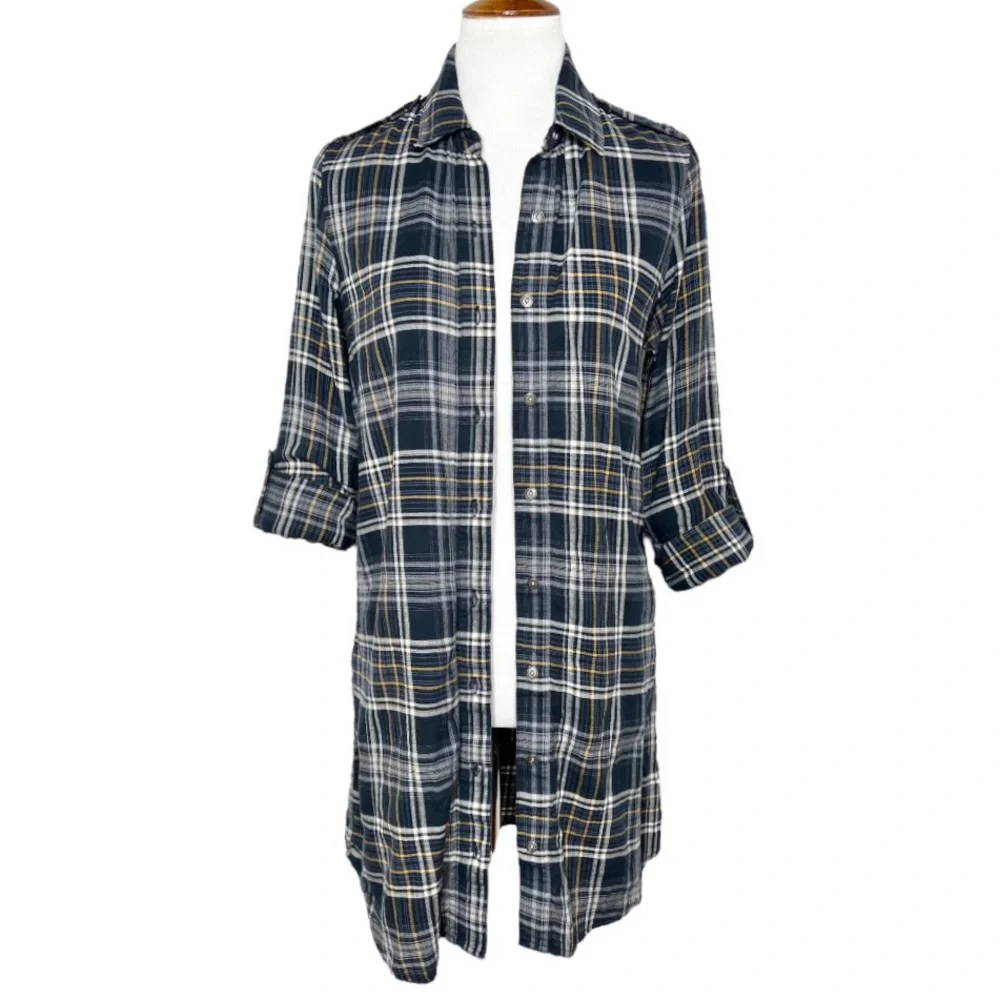 Sam Edelman Navy Blue Plaid Shirtdress, Maxi Shirt, Maxi Top, Cardi, Duster - Picture 1 of 14